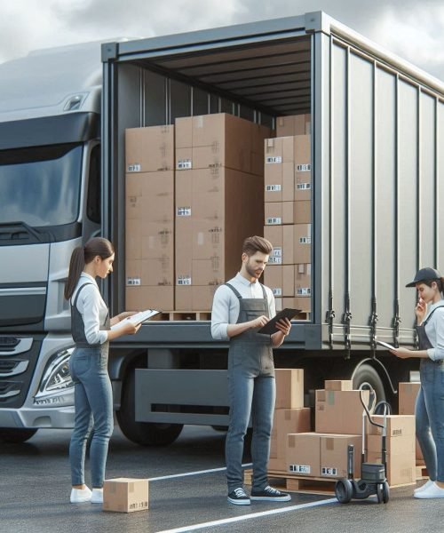 realistic photo of a 26-foot truck with staff counting merchandise outside